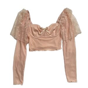 ZYA Beautiful Pale Pink Puff-Sleeve Lace Crop Top with Bow